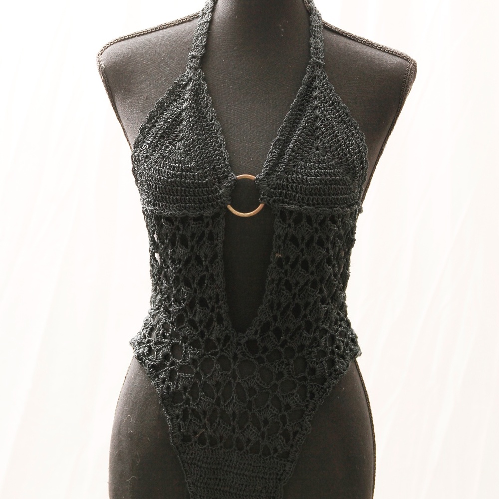 Black Crochet One-Piece Bathing Suit